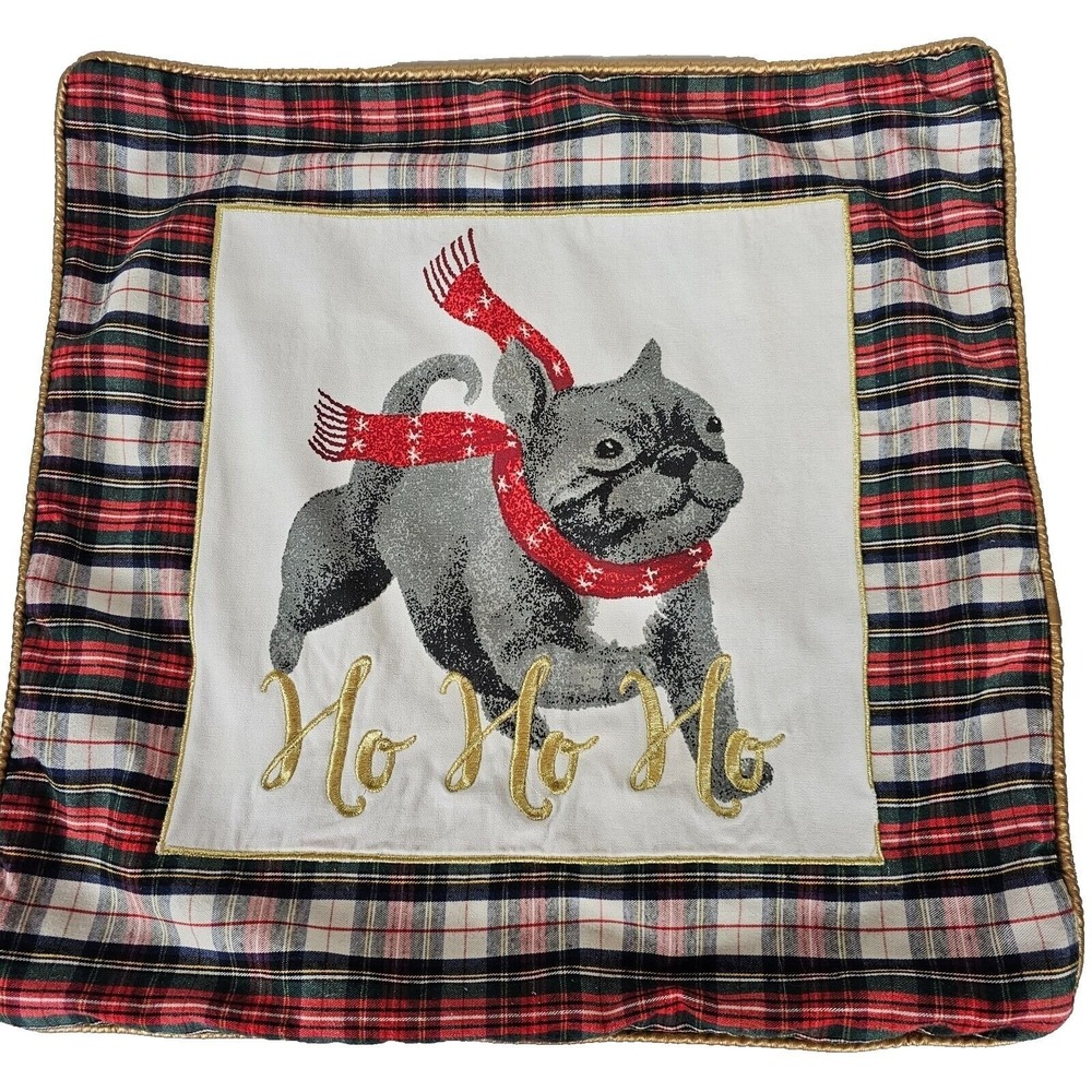 Williamstown Home Pillow Cover Plaid French Bulldog Ho Ho Ho Christmas Holiday